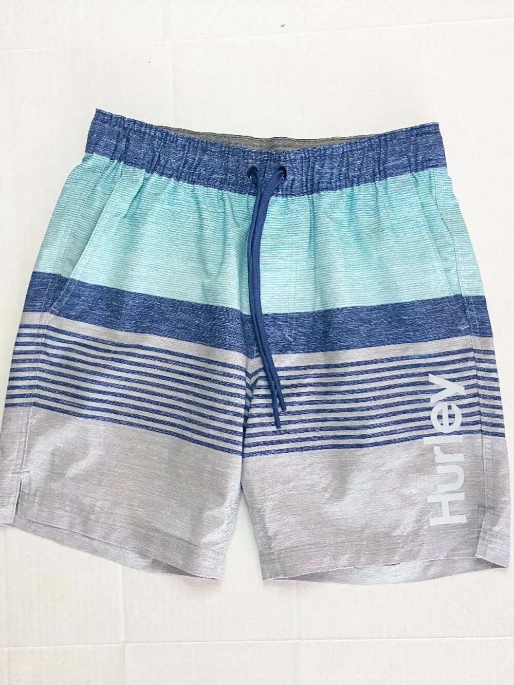 Hurley Striped Lined Volley Swim Shorts - Size S - Blue / Grey